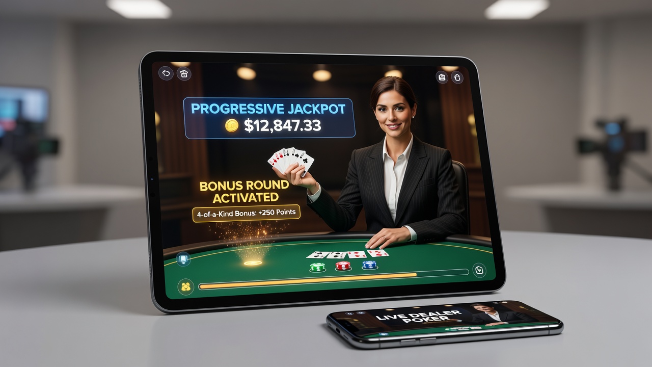 Close-up of mobile screen displaying bonus balance alongside growing progressive jackpot in live poker